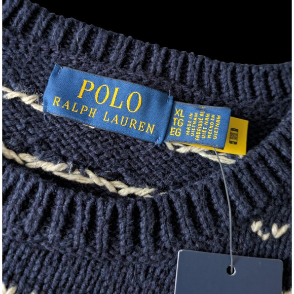 Polo Ralph Lauren Navy Blue Fair Isle Cotton Cashmere Blend Sweater New Size XL - Picture 4 of 9